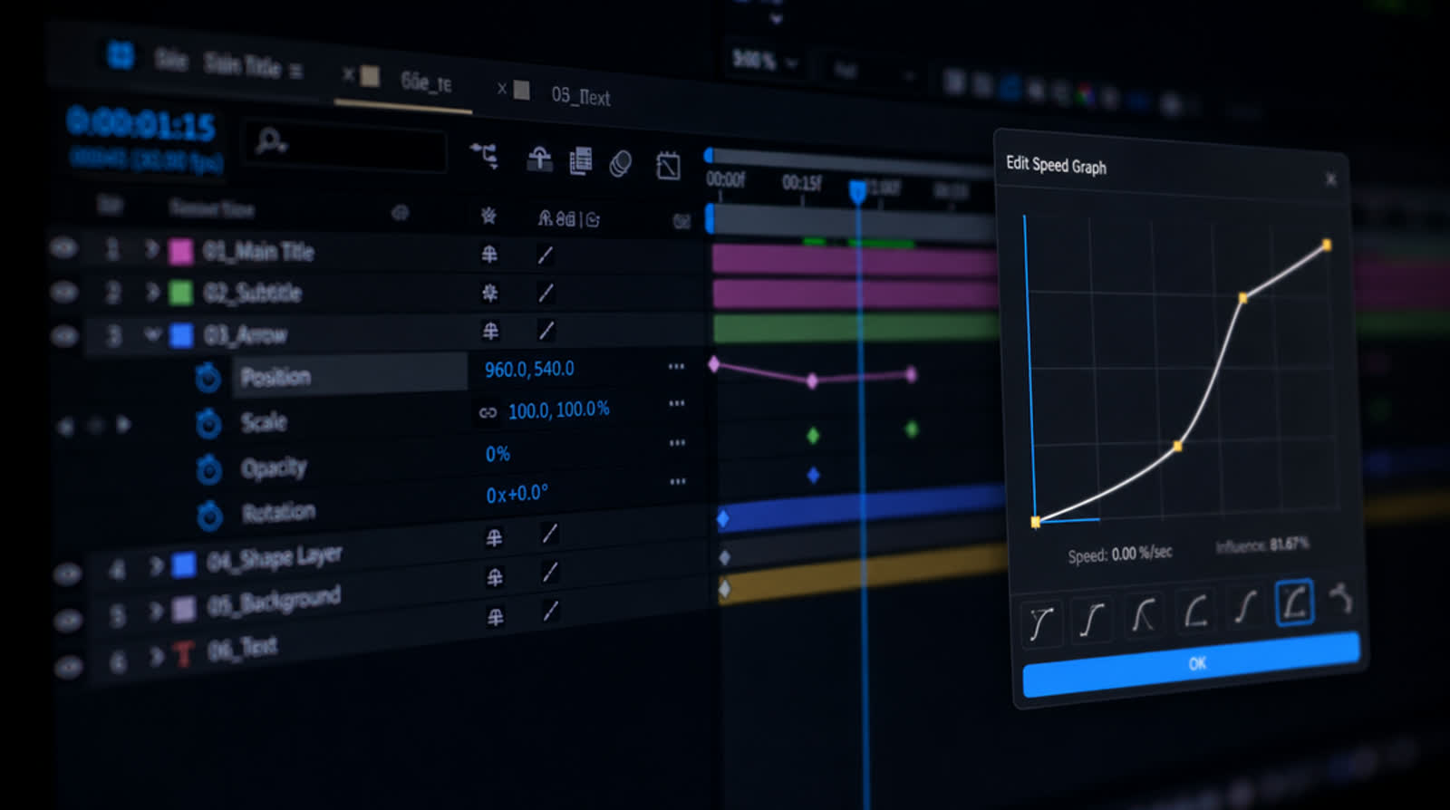 A motion-graphics timeline on a dark screen, layers of coloured keyframes and easing curves