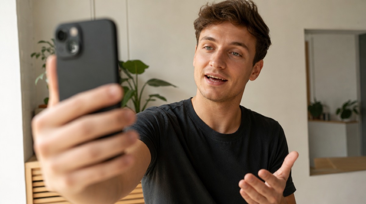 A man holding a phone at arm's length, filming himself talking for a social ad