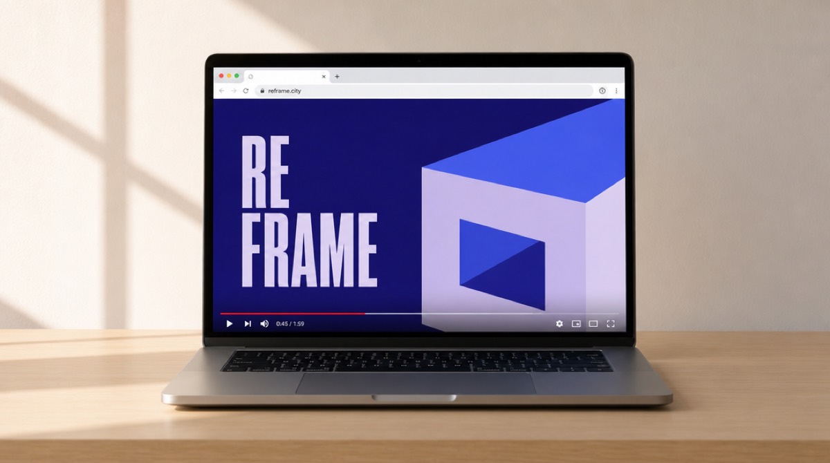A laptop with a website address typed in the address bar and a video frame rendering below