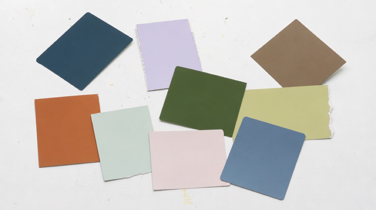 A cluttered palette of nine mismatched colour chips scattered on a desk