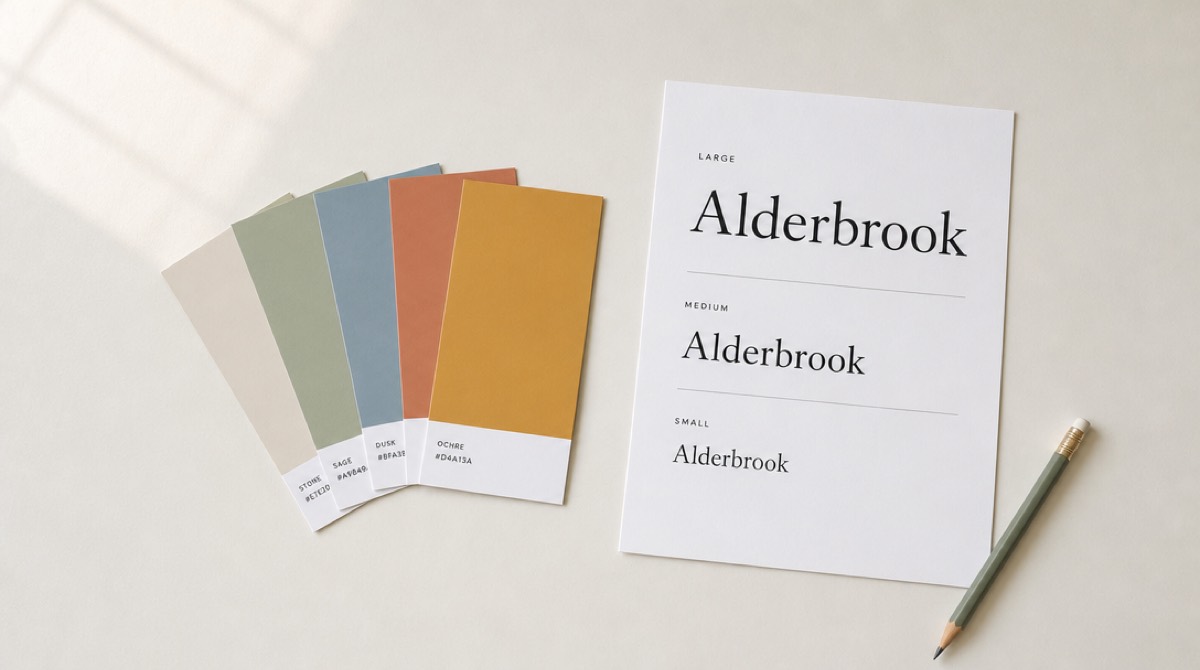 Colour swatches and a printed type specimen arranged on a light desk