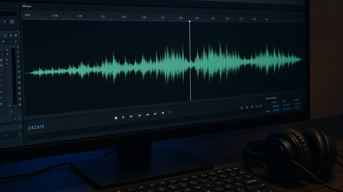 An audio waveform stretched across a dark editing screen