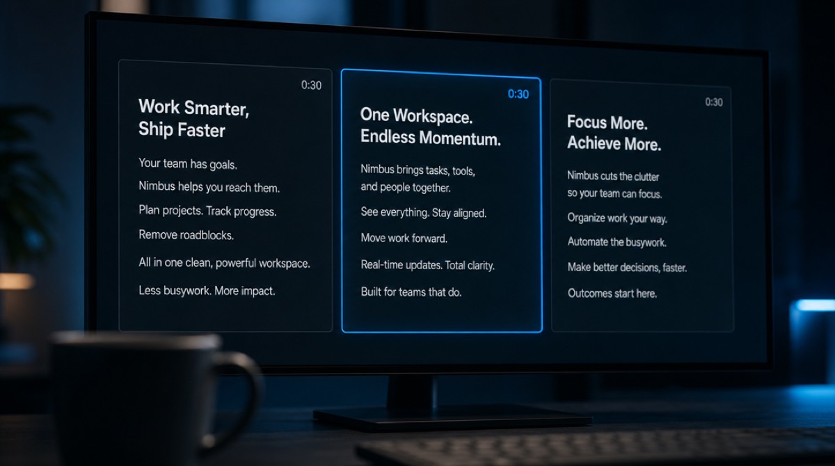 Three short promo scripts shown side by side in three columns on a wide monitor