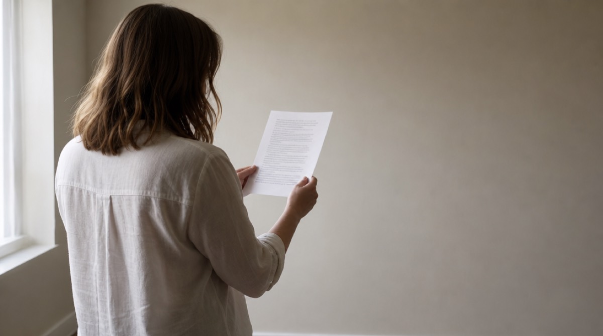 A printed page held up at standing height in a room, read aloud