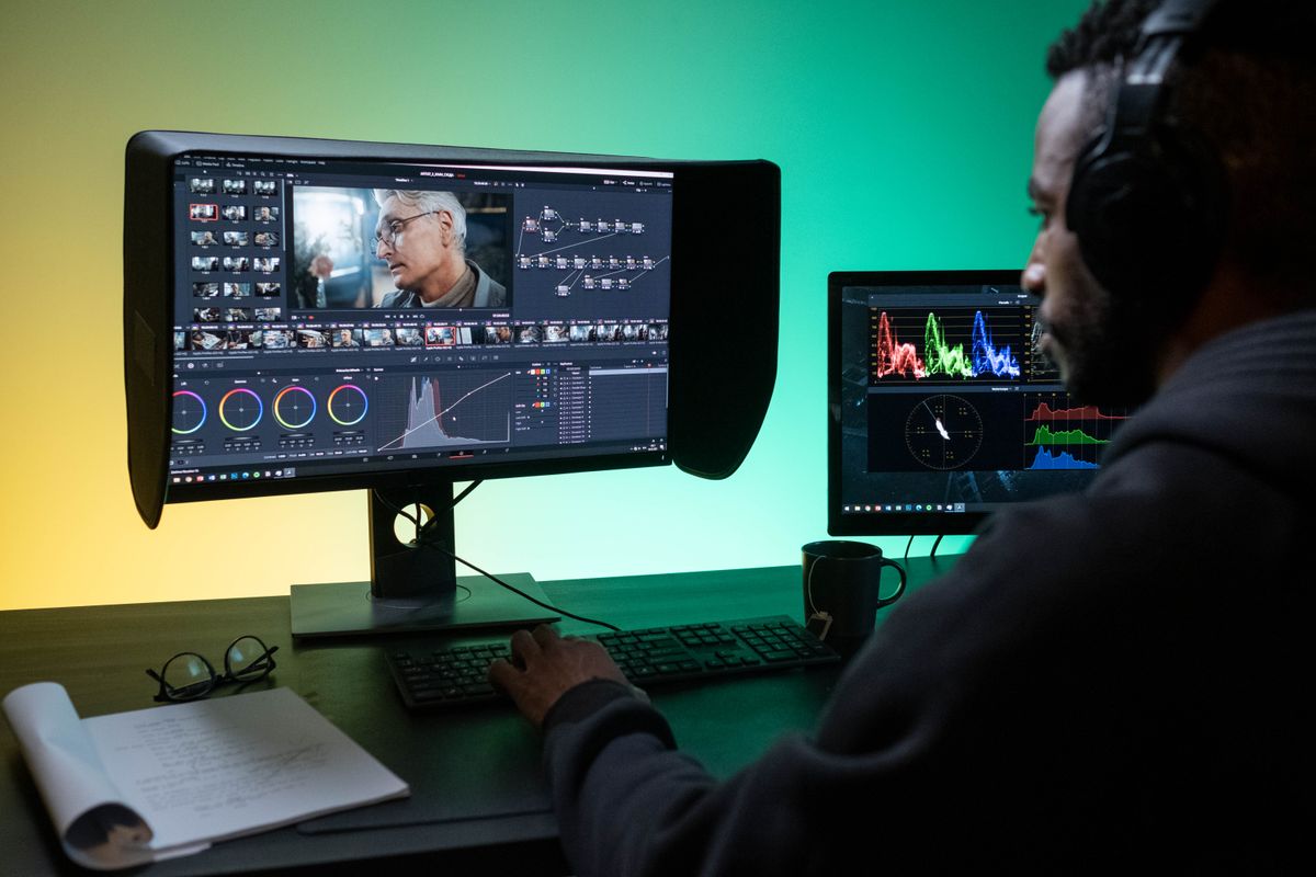 A colorist's monitor showing a color-graded frame from a video project