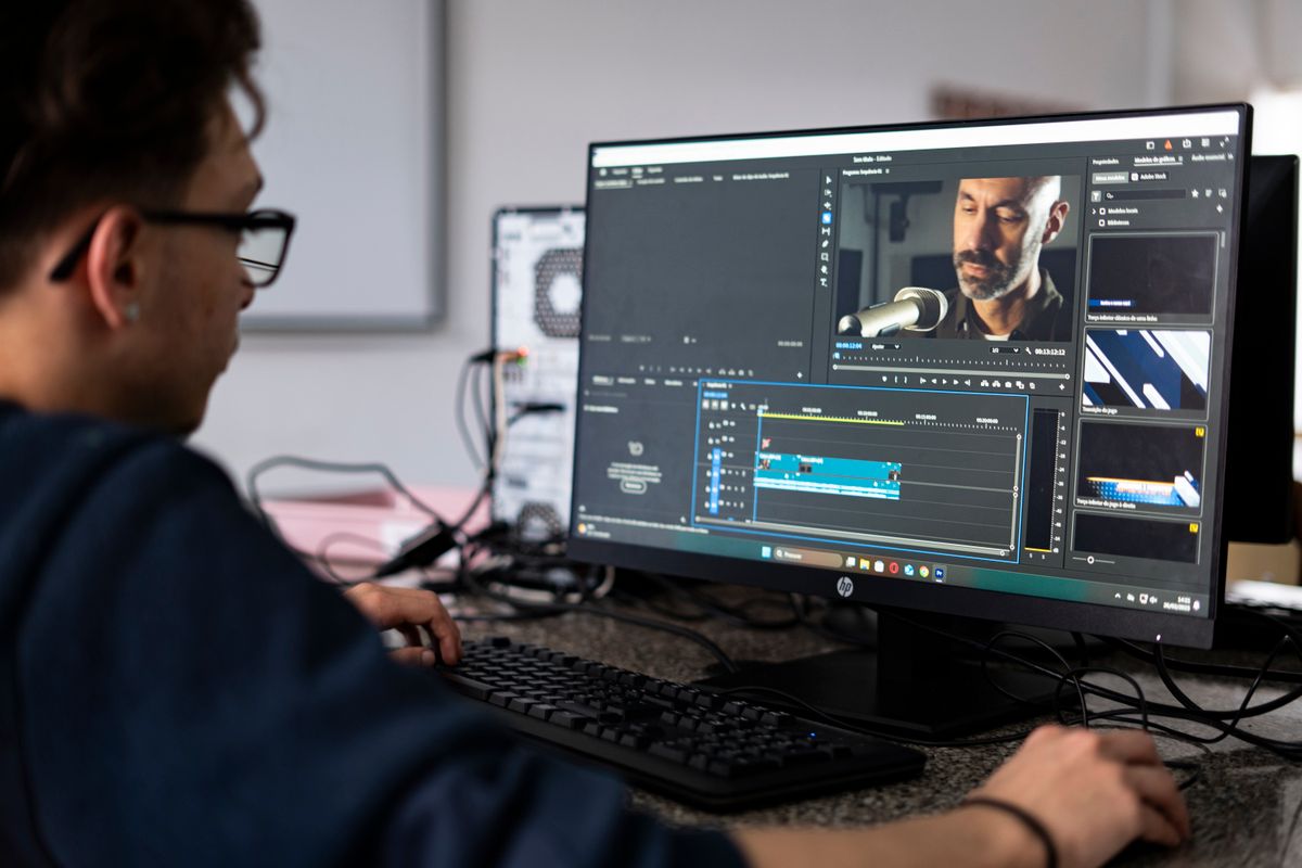 A video editor working at a desk with two monitors