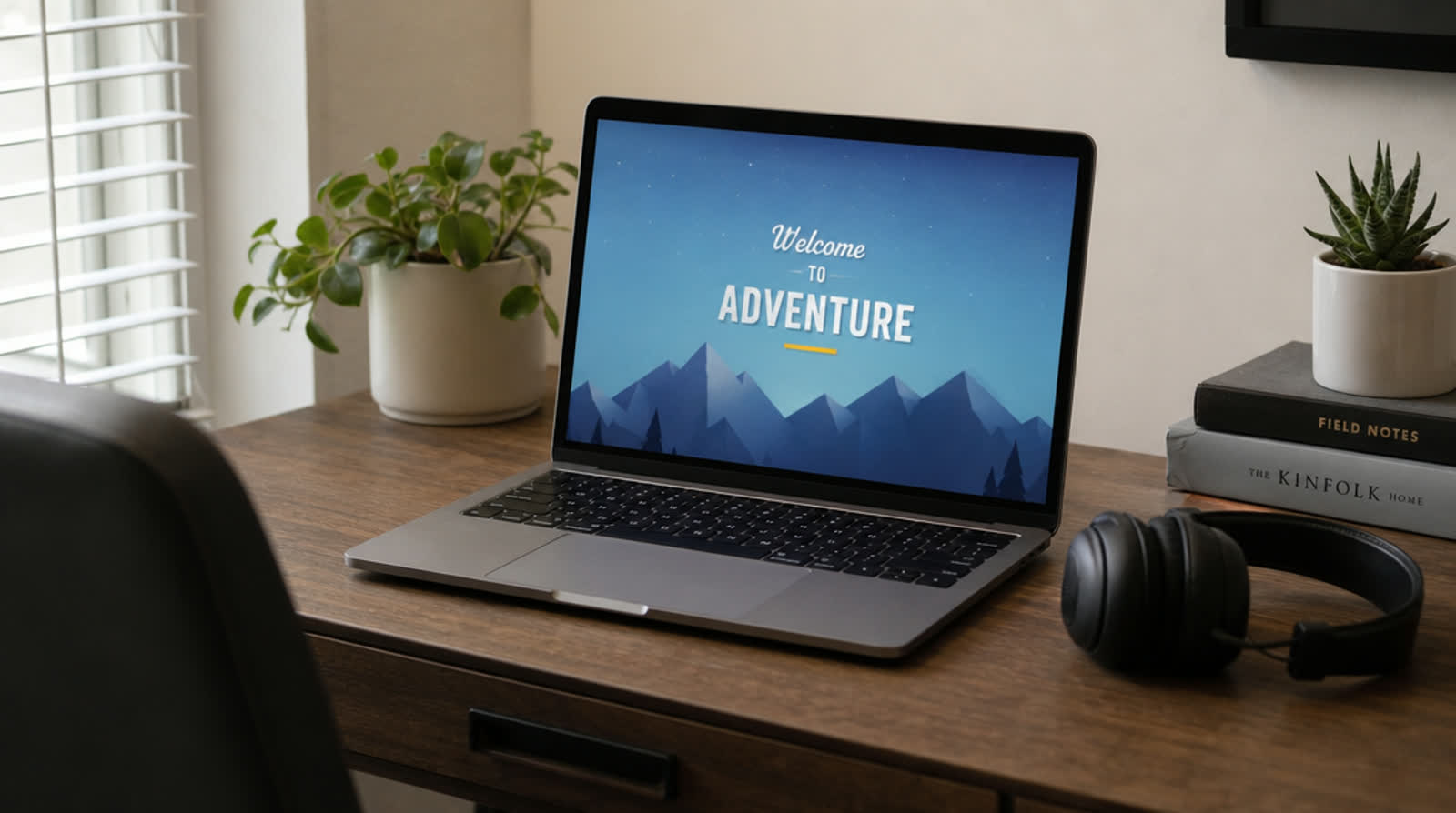 A compact desk setup: one laptop, headphones and a simple animated title card on screen