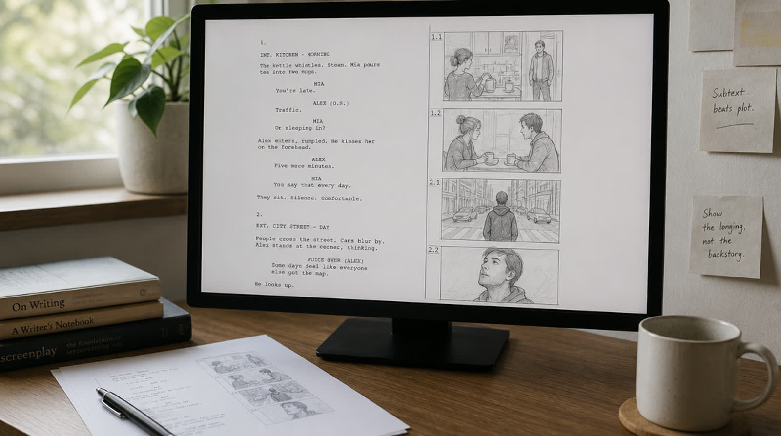 A two-column script document on screen: spoken lines on the left, small storyboard sketches on the right