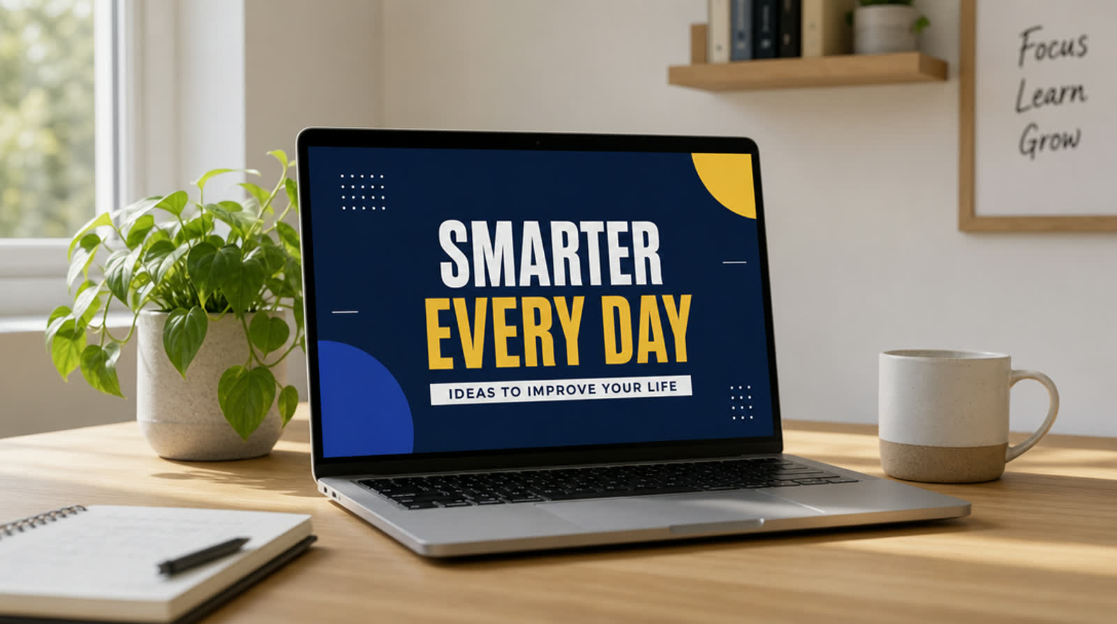 A clean animated title frame on a laptop in a small home office