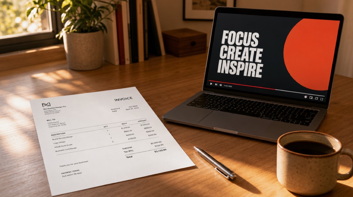 A freelancer's desk: a printed invoice beside a laptop showing a finished video frame