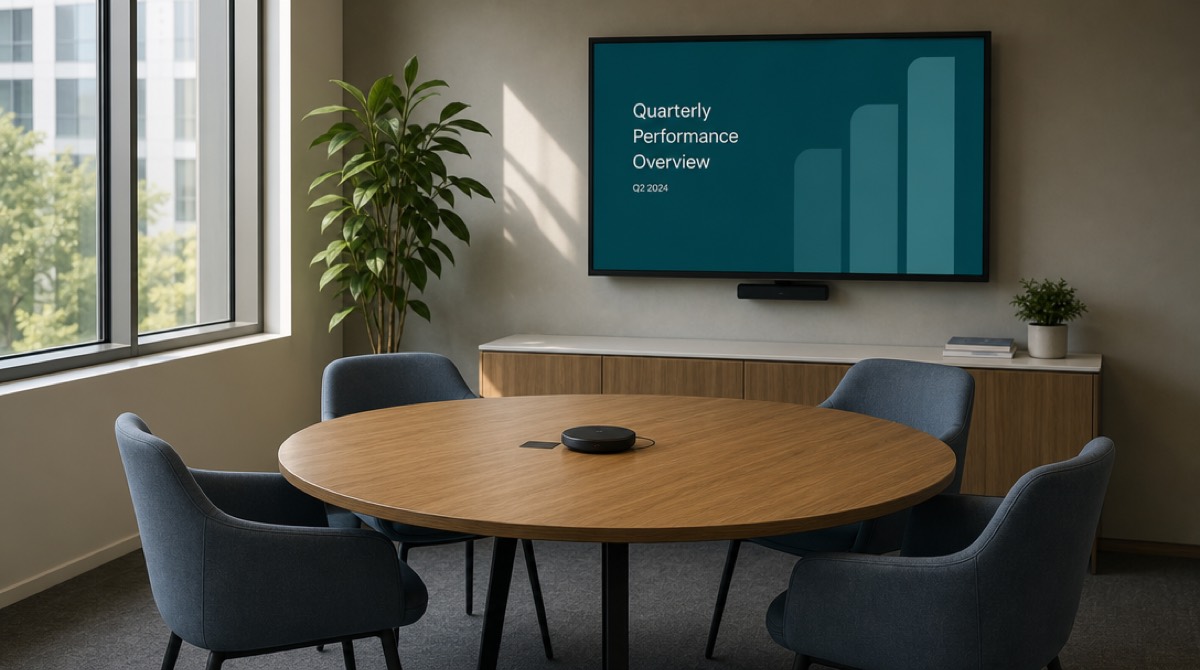 A meeting table with a screen showing a single video frame, chairs empty