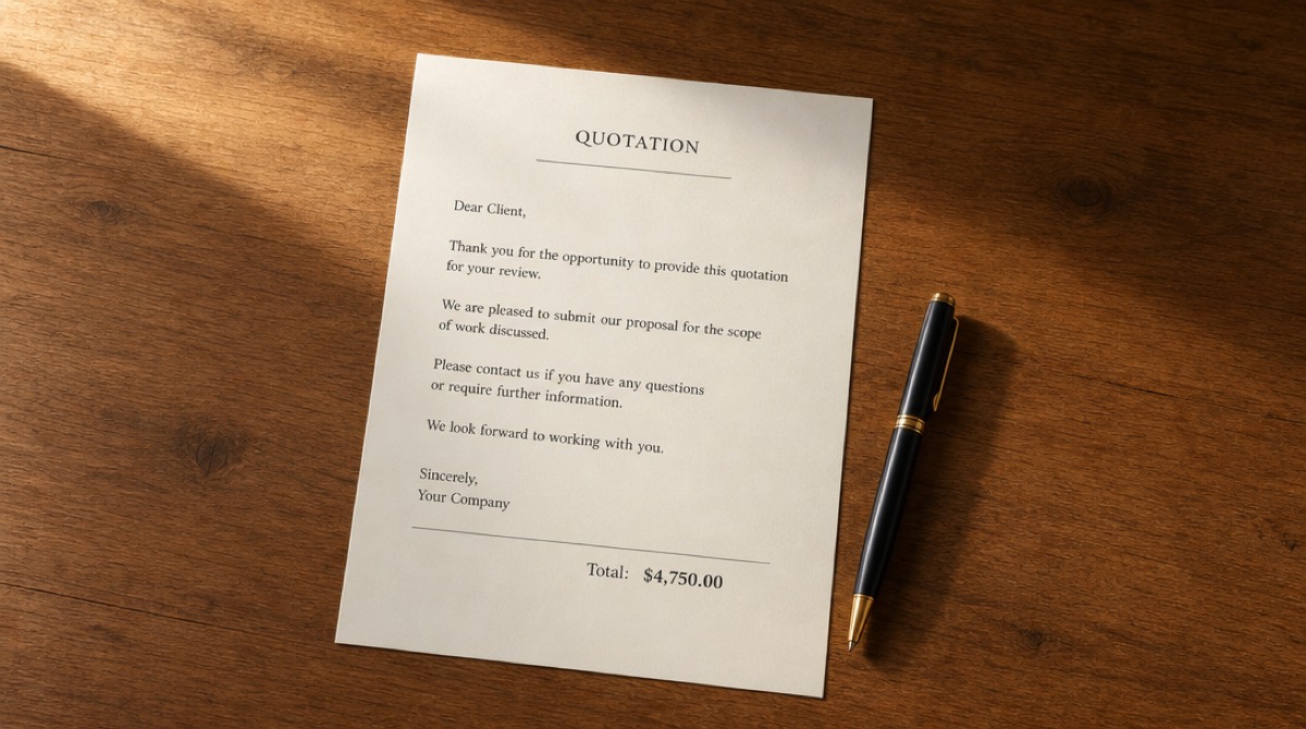 A short printed quote on a desk with a single figure at the bottom