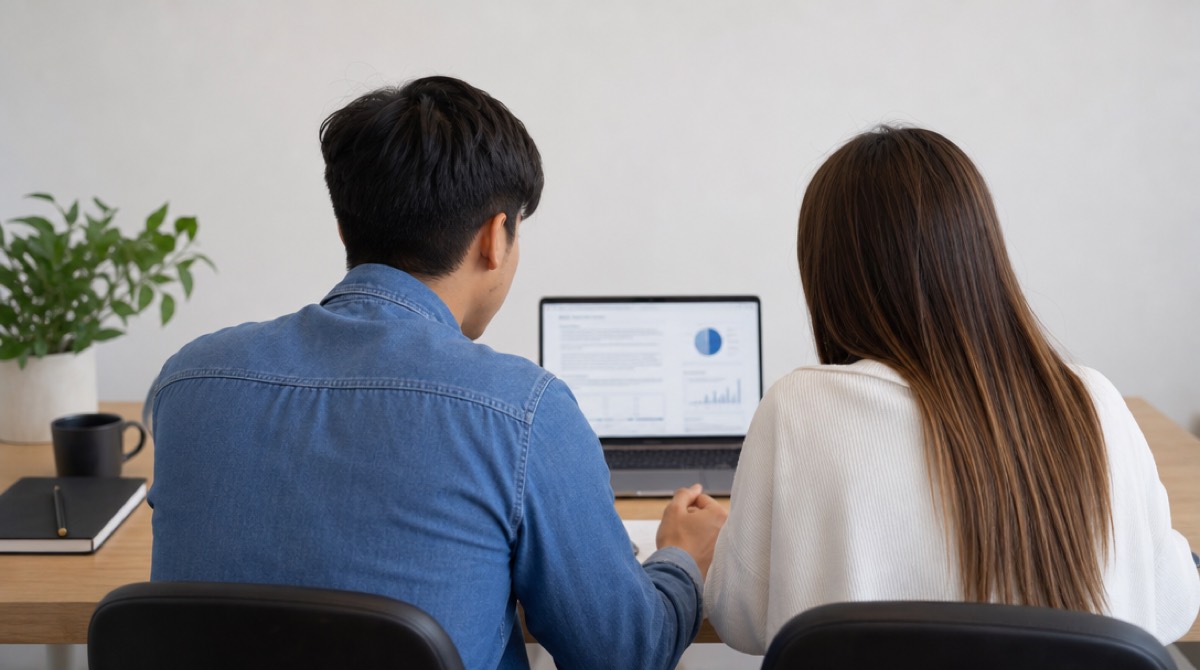 Two people seated at a laptop together, seen from behind