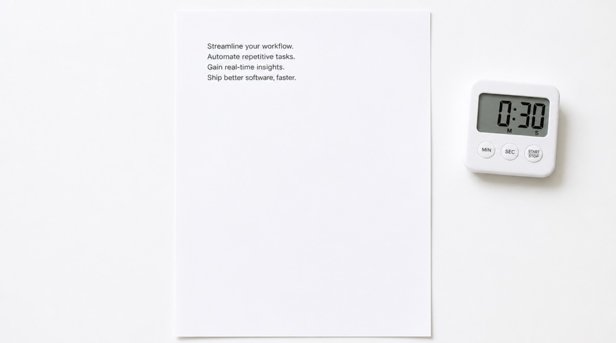 A mostly empty page holding only a short block of marketing copy, next to a digital timer
