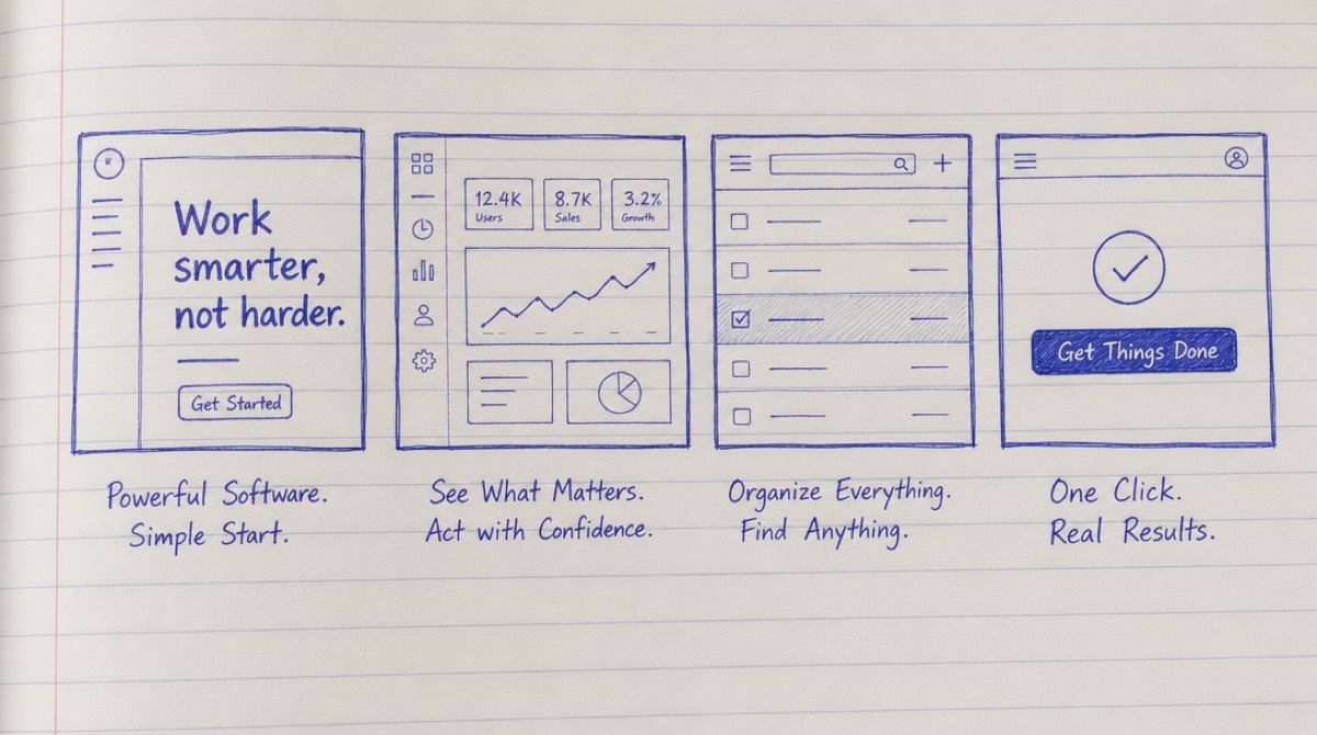 Four storyboard frames sketched in a row, each showing a software interface state