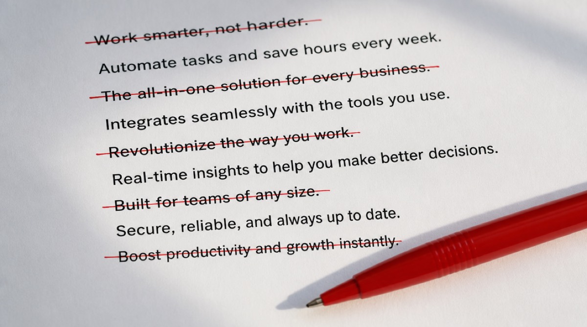 A printed page of marketing lines with five of them struck through in red pen