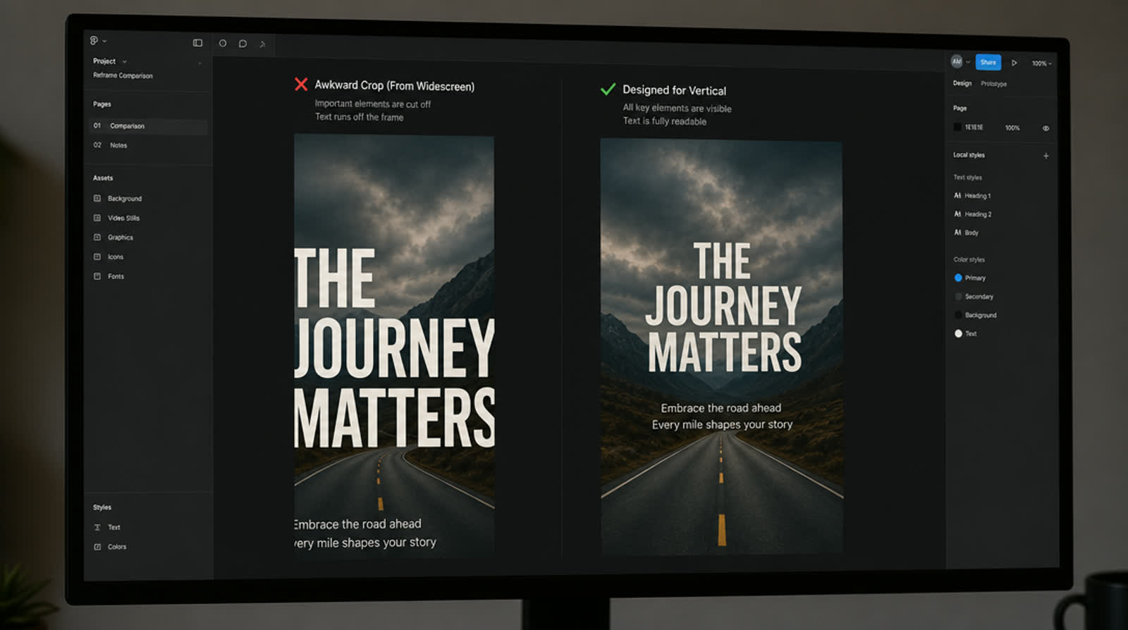 Two frames side by side on a designer's screen: a cramped cropped widescreen cut and a balanced vertical layout