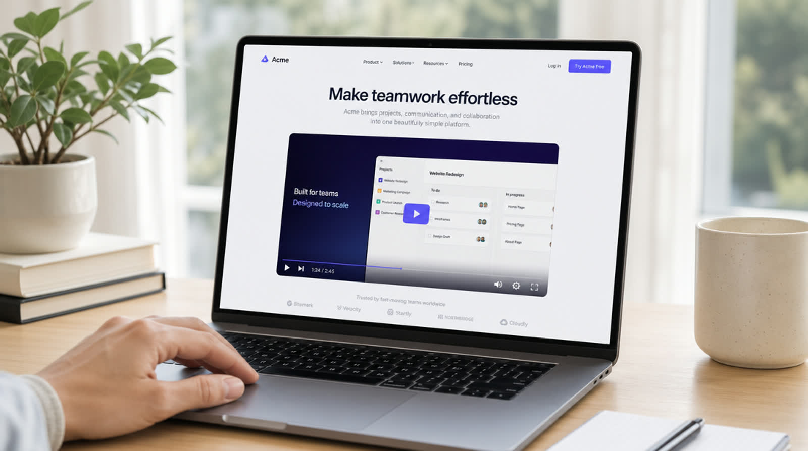 A laptop showing a SaaS landing page with a video player at the top of the hero