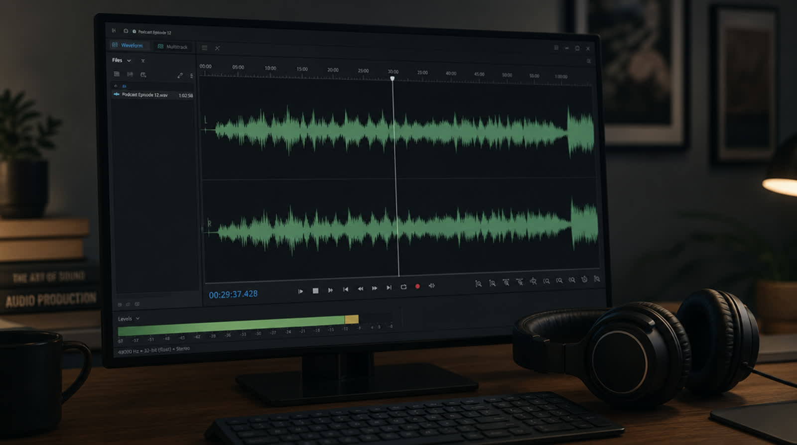 An audio waveform on a dark screen mid-scrub, headphones resting beside the keyboard