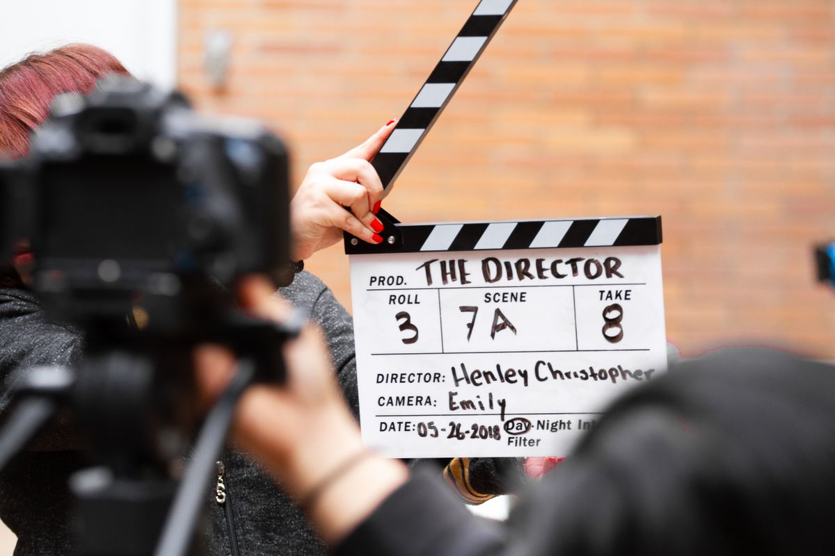 A clapperboard on a film set